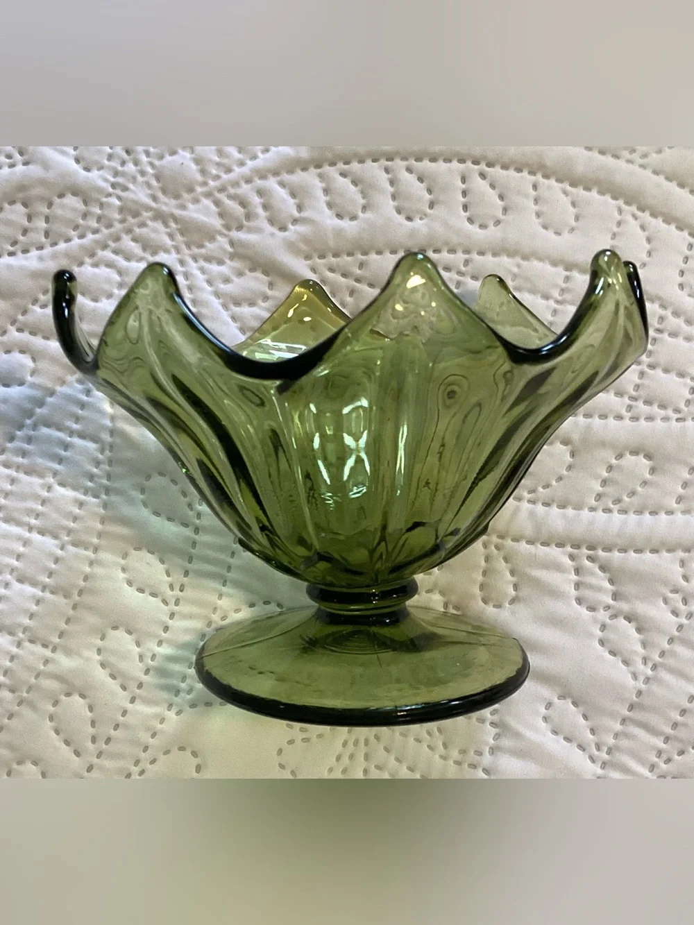 Vintage Westmoreland Olive Green Lotus Candy Dish Frosted Glass Pedestal Bowl